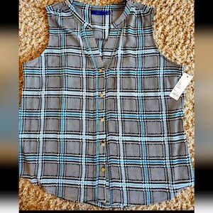 Apt 9 XL plaid button up sleeveless comfort blouse tank top shirt new blue black